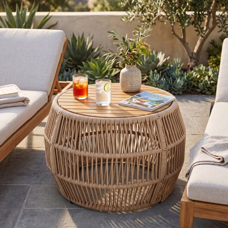 English Elm Round Acacia Wood Accent Table with Handwoven Rope Frame for Patio or Living Room Light Beige / Teak 27.56 x 23.23 x 17.52 N770P472283B