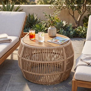 English Elm Round Acacia Wood Accent Table with Handwoven Rope Frame for Patio or Living Room Light Beige / Teak 27.56 x 23.23 x 17.52 N770P472283B