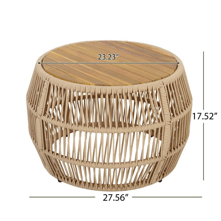 English Elm Round Acacia Wood Accent Table with Handwoven Rope Frame for Patio or Living Room Light Beige / Teak 27.56 x 23.23 x 17.52 N770P472283B