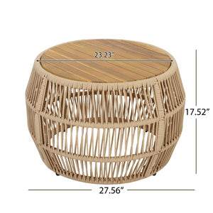 English Elm Round Acacia Wood Accent Table with Handwoven Rope Frame for Patio or Living Room Light Beige / Teak 27.56 x 23.23 x 17.52 N770P472283B