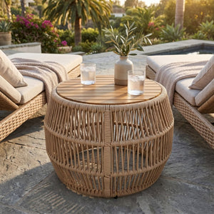English Elm Round Acacia Wood Accent Table with Handwoven Rope Frame for Patio or Living Room Light Beige / Teak 27.56 x 23.23 x 17.52 N770P472283B