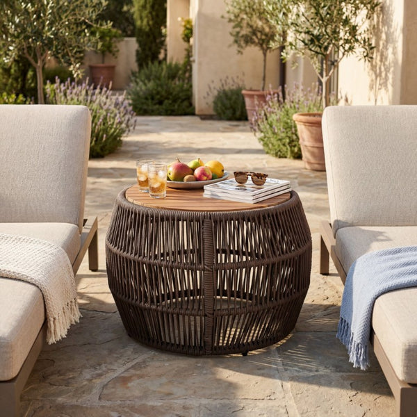 English Elm Round Acacia Wood Accent Table with Handwoven Rope Frame for Patio or Living Room Grey / Teak 27.56 x 23.23 x 17.52 N770P472283G