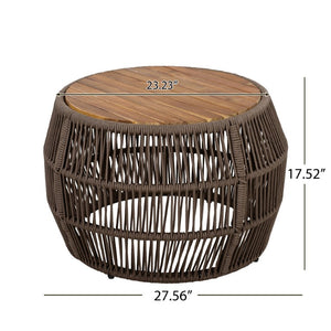 English Elm Round Acacia Wood Accent Table with Handwoven Rope Frame for Patio or Living Room Grey / Teak 27.56 x 23.23 x 17.52 N770P472283G