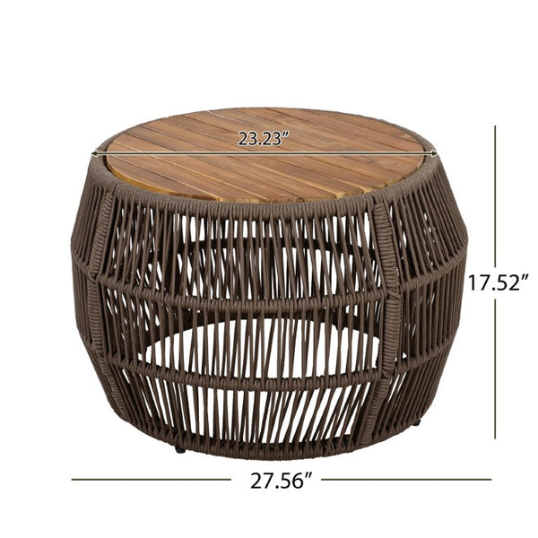 English Elm Round Acacia Wood Accent Table with Handwoven Rope Frame for Patio or Living Room Grey / Teak 27.56 x 23.23 x 17.52 N770P472283G