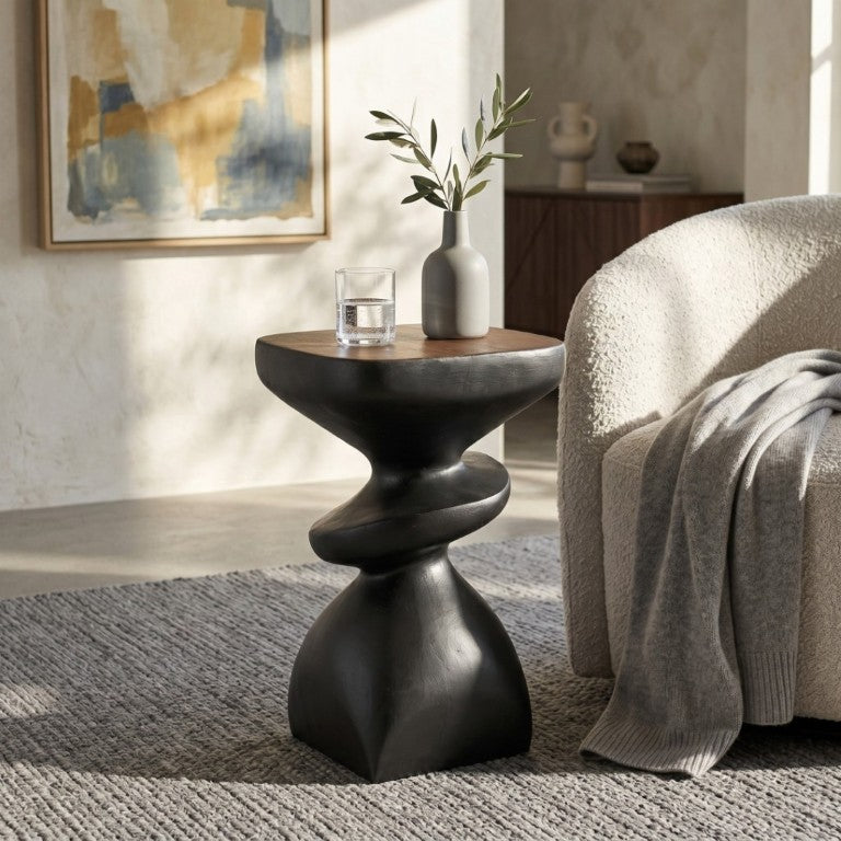 English Elm Black MGO Sculptural Tiered Side Table Organic Curves Indoor Outdoor Accent Piece N770P473002B