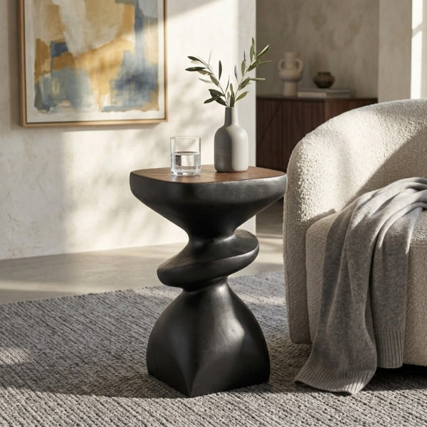 English Elm Black MGO Sculptural Tiered Side Table Organic Curves Indoor Outdoor Accent Piece N770P473002B