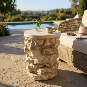 English Elm Grey Faux Stacked Stone MGO Round Accent Table Indoor Outdoor Rustic Pedestal Beige N770P473008B