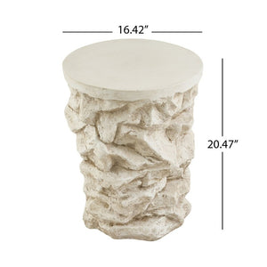 English Elm Grey Faux Stacked Stone MGO Round Accent Table Indoor Outdoor Rustic Pedestal Beige N770P473008B