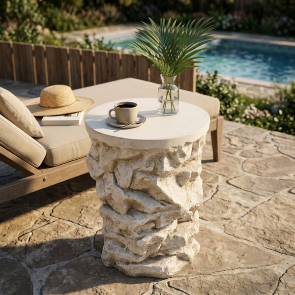 English Elm Grey Faux Stacked Stone MGO Round Accent Table Indoor Outdoor Rustic Pedestal Beige N770P473008B