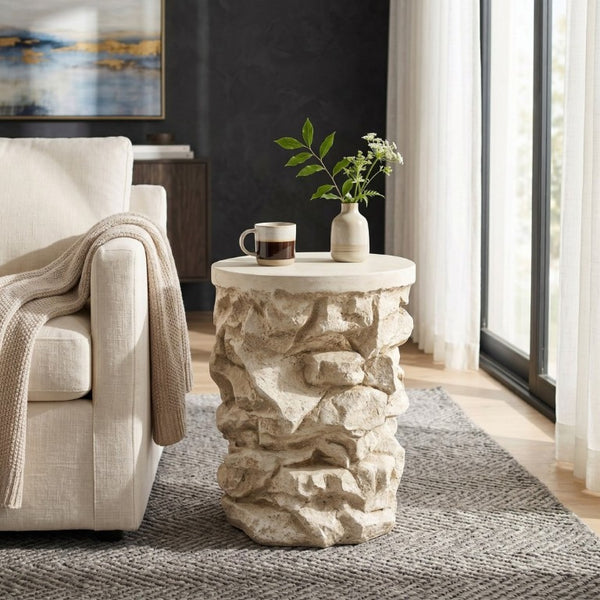English Elm Grey Faux Stacked Stone MGO Round Accent Table Indoor Outdoor Rustic Pedestal Beige N770P473008B