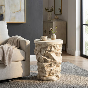 English Elm Grey Faux Stacked Stone MGO Round Accent Table Indoor Outdoor Rustic Pedestal Beige N770P473008B