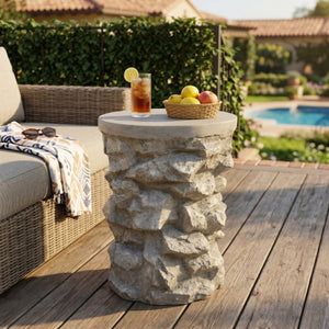English Elm Grey Faux Stacked Stone MGO Round Accent Table Indoor Outdoor Rustic Pedestal Grey N770P473008G