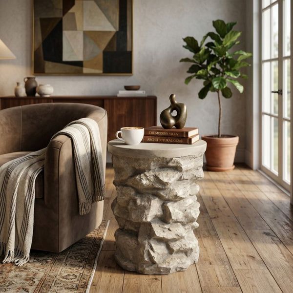 English Elm Grey Faux Stacked Stone MGO Round Accent Table Indoor Outdoor Rustic Pedestal Grey N770P473008G