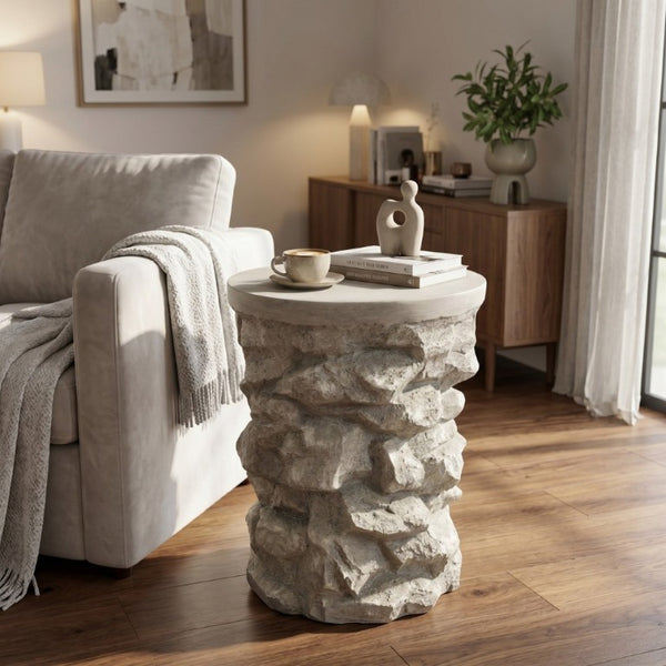 English Elm Grey Faux Stacked Stone MGO Round Accent Table Indoor Outdoor Rustic Pedestal Grey N770P473008G