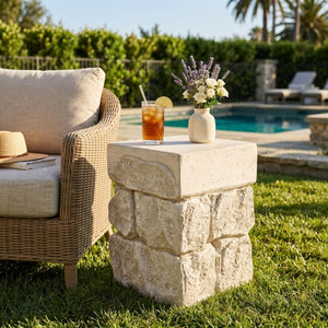 English Elm Grey Faux Stacked Stone MGO Square Accent Table Pre-Assembled Indoor Outdoor Patio Beige N770P473009B
