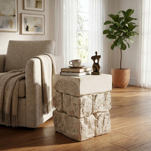 English Elm Grey Faux Stacked Stone MGO Square Accent Table Pre-Assembled Indoor Outdoor Patio Beige N770P473009B