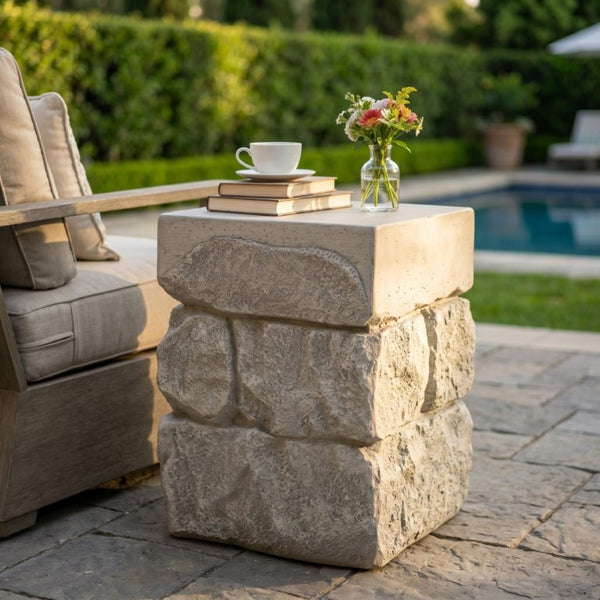 English Elm Grey Faux Stacked Stone MGO Square Accent Table Pre-Assembled Indoor Outdoor Patio Grey N770P473009G