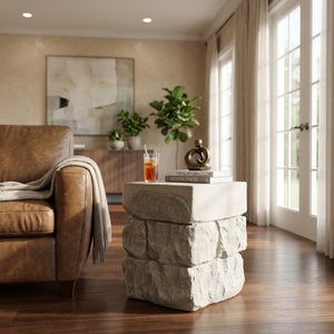 English Elm Grey Faux Stacked Stone MGO Square Accent Table Pre-Assembled Indoor Outdoor Patio Grey N770P473009G