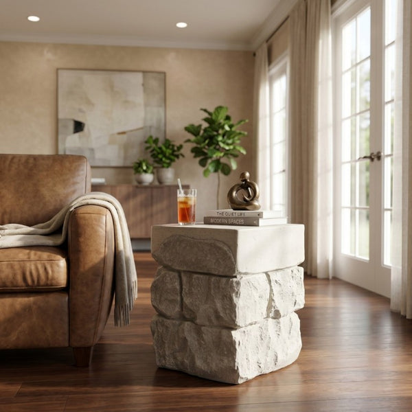 English Elm Grey Faux Stacked Stone MGO Square Accent Table Pre-Assembled Indoor Outdoor Patio Grey N770P473009G