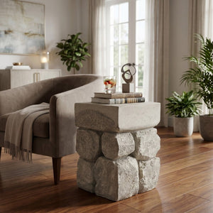 English Elm Grey Faux Stacked Stone MGO Square Accent Table Pre-Assembled Indoor Outdoor Patio Grey N770P473009G