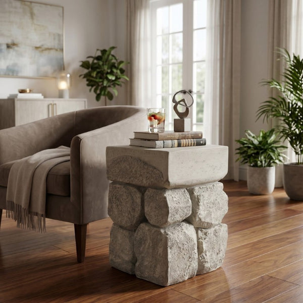 English Elm Grey Faux Stacked Stone MGO Square Accent Table Pre-Assembled Indoor Outdoor Patio Grey N770P473009G