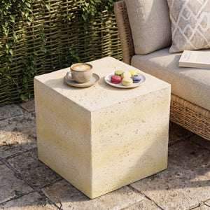 English Elm Light Tan Faux Travertine MGO Cube Table Stool for Indoor and Outdoor Patio Use N770P473013L
