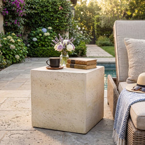 English Elm Light Tan Faux Travertine MGO Cube Table Stool for Indoor and Outdoor Patio Use N770P473013L