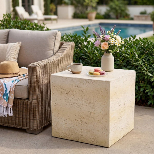 English Elm Light Tan Faux Travertine MGO Cube Table Stool for Indoor and Outdoor Patio Use N770P473013L