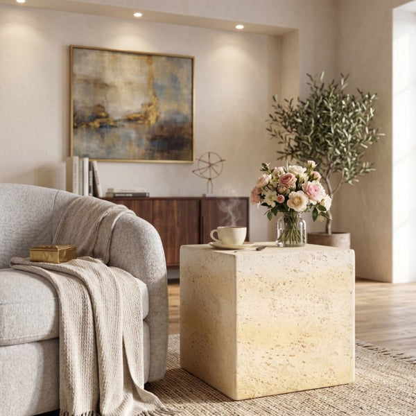 English Elm Light Tan Faux Travertine MGO Cube Table Stool for Indoor and Outdoor Patio Use N770P473013L