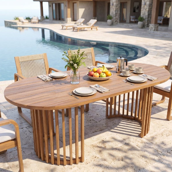 English Elm Light Teak Acacia Oval Outdoor Dining Table Slatted Leg Patio Hardwood Resort N770P474377L