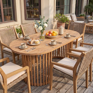 English Elm Light Teak Acacia Oval Outdoor Dining Table Slatted Leg Patio Hardwood Resort N770P474377L