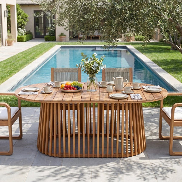 English Elm Light Acacia Hardwood Oval Patio Table with Slatted Base for Outdoor Garden Dining Light Teak Dining Table N770P474593L
