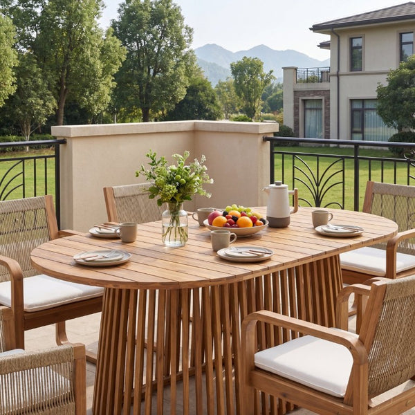 English Elm Light Acacia Hardwood Oval Patio Table with Slatted Base for Outdoor Garden Dining Light Teak Dining Table N770P474593L