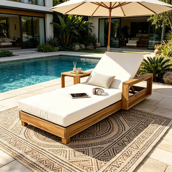 English Elm Light Natural Acacia Hardwood Outdoor Chaise Lounge with Cushion and Reclining Back N770P484211L_65429.00CUSH