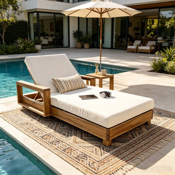 English Elm Light Natural Acacia Hardwood Outdoor Chaise Lounge with Cushion and Reclining Back N770P484211L_65429.00CUSH
