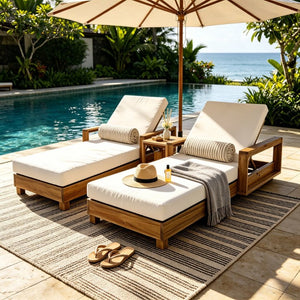 English Elm Light Natural Acacia Hardwood Outdoor Chaise Lounge with Cushion and Reclining Back N770P484211L_65429.00CUSH