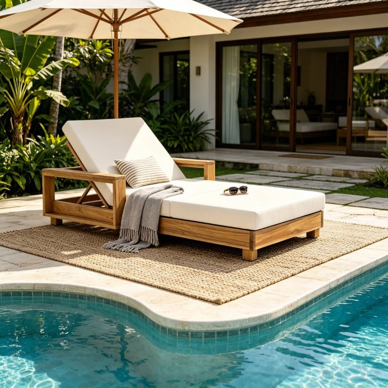 English Elm Light Natural Acacia Outdoor Chaise Lounge with Thick Foam Cushion and Reclining Frame N770P484211L_N770P208317C