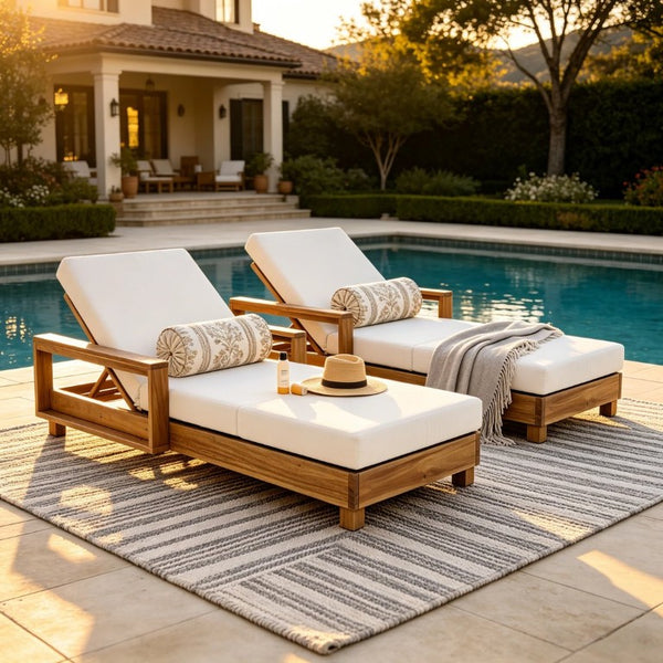 English Elm Light Natural Acacia Outdoor Chaise Lounge with Thick Foam Cushion and Reclining Frame N770P484211L_N770P208317C