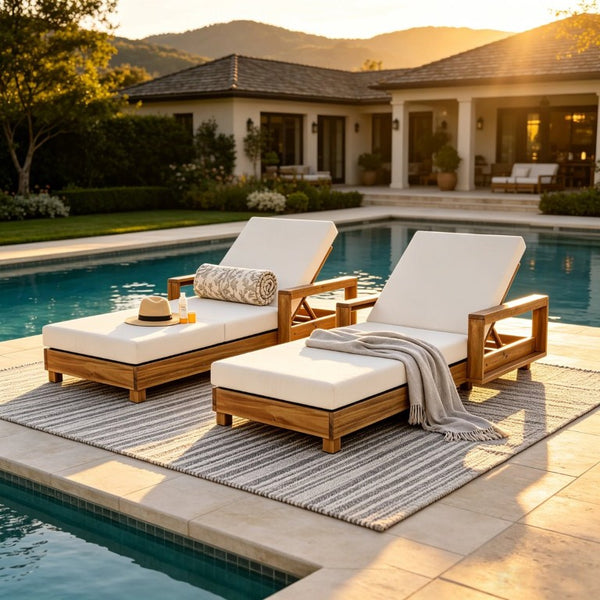 English Elm Light Natural Acacia Outdoor Chaise Lounge with Thick Foam Cushion and Reclining Frame N770P484211L_N770P208317C