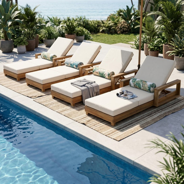 English Elm Light Natural Acacia Outdoor Chaise Lounge with Thick Foam Cushion and Reclining Frame N770P484211L_N770P208317C