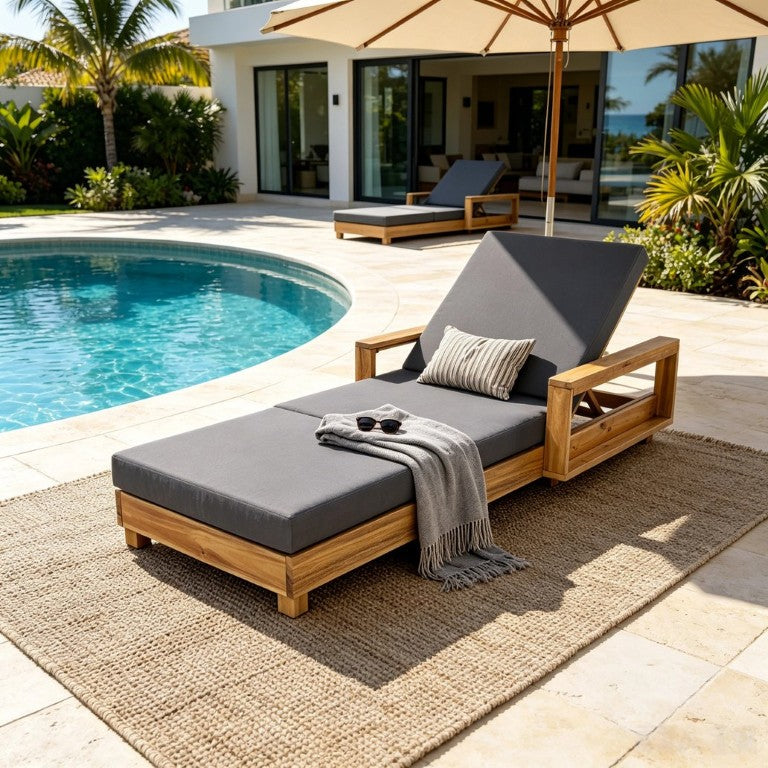 English Elm Light Natural Acacia Outdoor Chaise Lounge Solid Hardwood Frame with Cushion Patio N770P484211L_N770P208326G