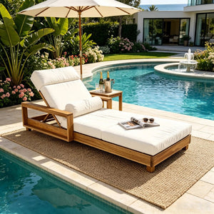 English Elm Light Natural Acacia Hardwood Outdoor Chaise Lounge with Cushion and Adjustable Backrest N770P484211L_N770P285267B