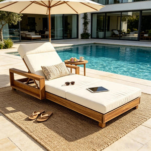 English Elm Light Natural Acacia Hardwood Outdoor Chaise Lounge with Cushion and Adjustable Backrest N770P484211L_N770P285267B