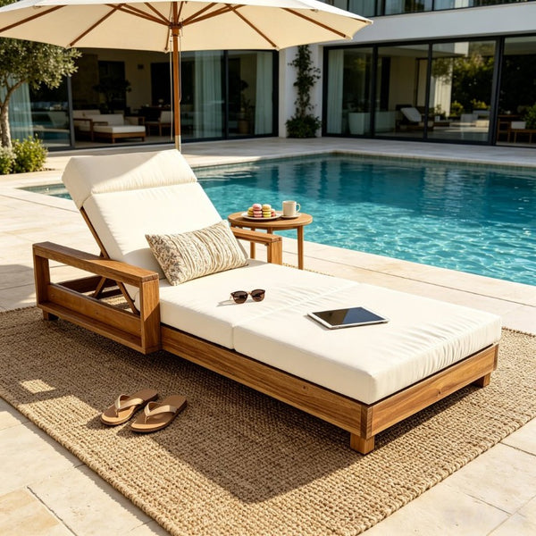 English Elm Light Natural Acacia Hardwood Outdoor Chaise Lounge with Cushion and Adjustable Backrest N770P484211L_N770P285267B