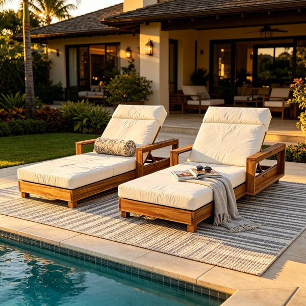 English Elm Light Natural Acacia Hardwood Outdoor Chaise Lounge with Cushion and Adjustable Backrest N770P484211L_N770P285267B
