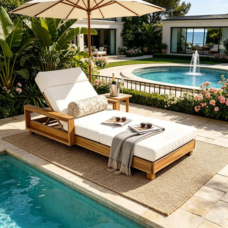 English Elm Light Natural Acacia Hardwood Outdoor Chaise Lounge with Cushion Resort Patio N770P484211L_N770P285267C