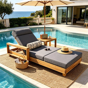 English Elm Black Iron Teak Patio Chaise Lounge with Adjustable Backrest and Thick Cushion Included Dark Grey / Light Natural 76.77 L x 33.46 W x 34.9 H N770P484211L_N770P285267G