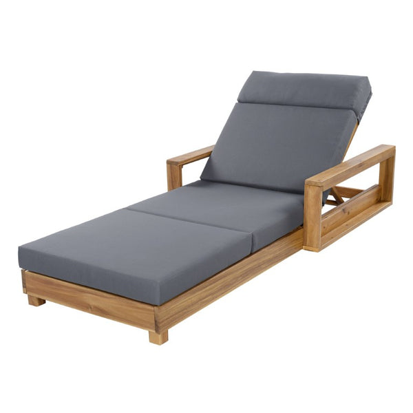 English Elm Black Iron Teak Patio Chaise Lounge with Adjustable Backrest and Thick Cushion Included Dark Grey / Light Natural 76.77 L x 33.46 W x 34.9 H N770P484211L_N770P285267G