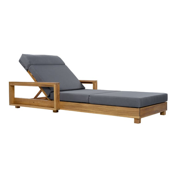 English Elm Black Iron Teak Patio Chaise Lounge with Adjustable Backrest and Thick Cushion Included Dark Grey / Light Natural 76.77 L x 33.46 W x 34.9 H N770P484211L_N770P285267G
