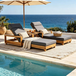 English Elm Black Iron Teak Patio Chaise Lounge with Adjustable Backrest and Thick Cushion Included Dark Grey / Light Natural 76.77 L x 33.46 W x 34.9 H N770P484211L_N770P285267G